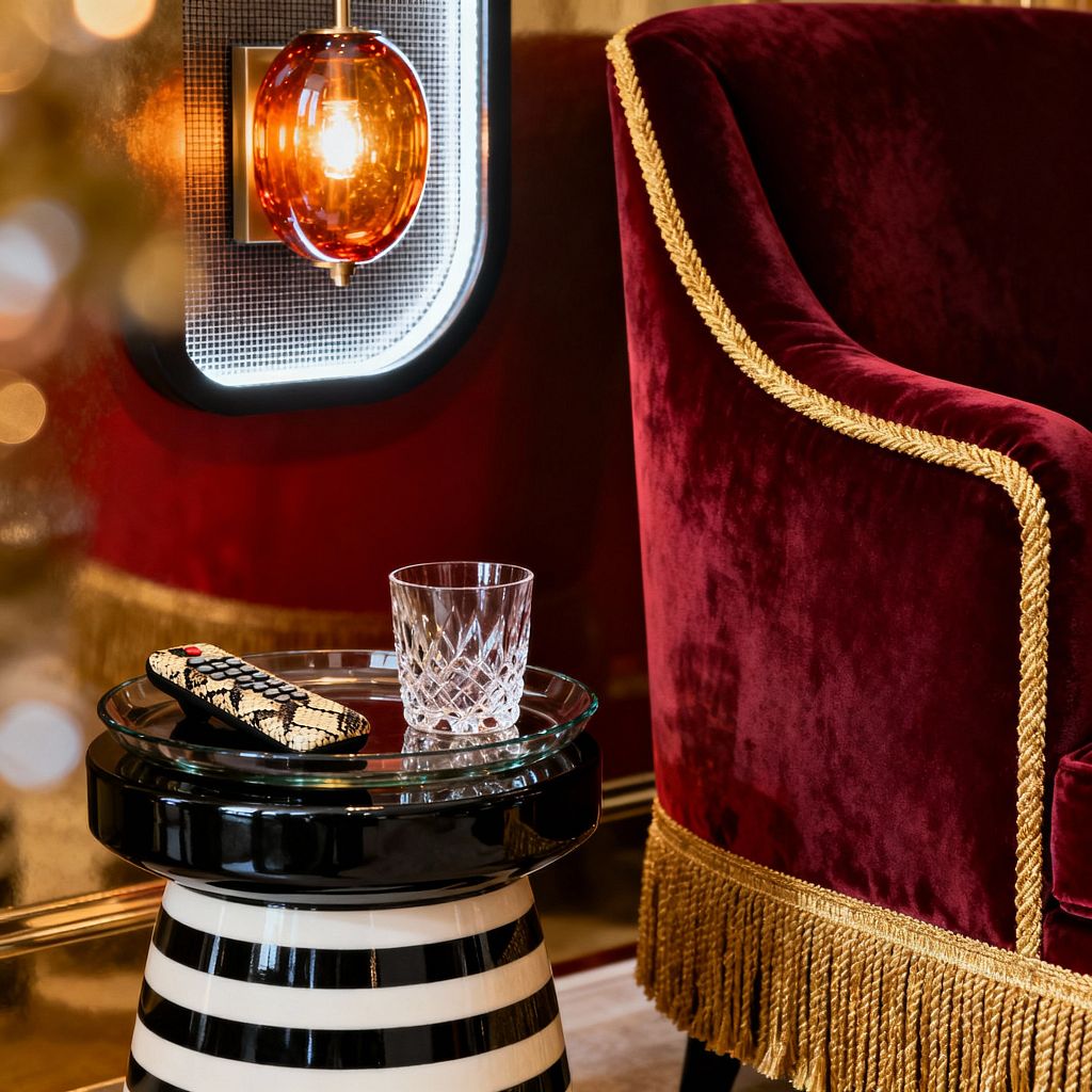 A Hollywood Regency media nook features a crimson velvet armchair trimmed with gold braid and bullion fringe beside a black-and-white striped pedestal table with a clear glass top. A cut-crystal tumbler and snakeskin-pattern remote sit on the table. On the wall, an amber glass globe sconce with a brass mount and backlit mesh panel casts warm light across glossy gold walls, creating a glamorous, intimate ambiance for film watching.