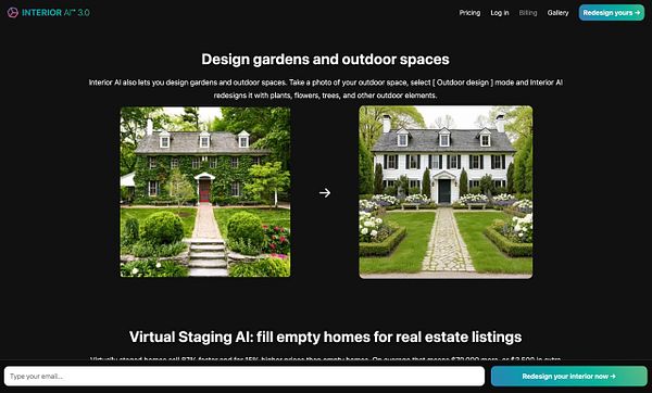 The image displays a comparison of two house exteriors with different landscaping designs.