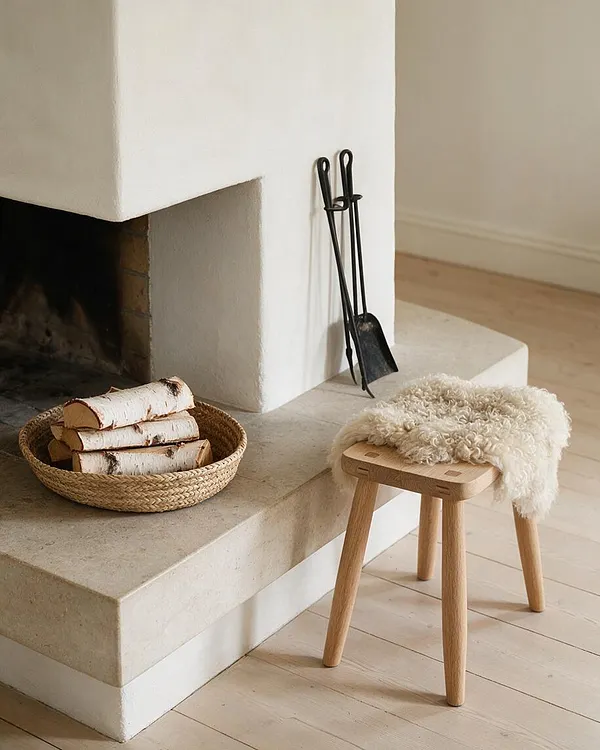A serene Scandinavian fireplace vignette with a white plaster hearth and built-in bench, a woven basket of birch logs, and black fireplace tools leaning against the wall. A small light wood stool draped with a cream sheepskin adds warmth to the pale wood floor and soft neutral palette.