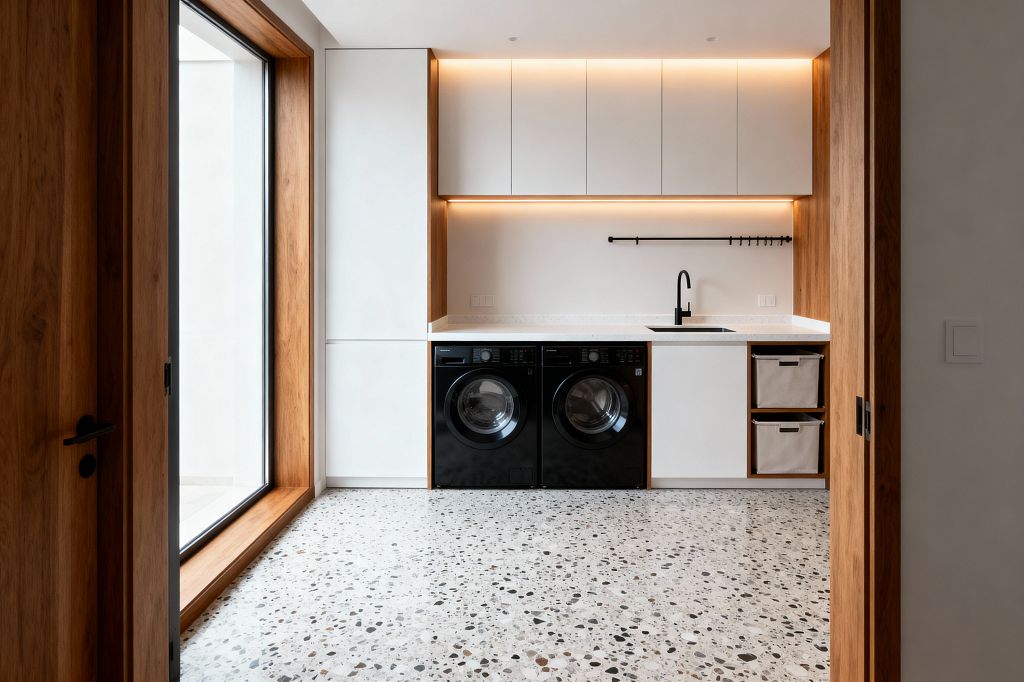 A modern laundry room with terrazzo flooring, matte white handleless cabinets, and warm wood trim framing the built-ins and a large window. Two black front-load machines sit under a white quartz counter beside an undermount sink with a matte black faucet, a slim black hanging rail with hooks along the backsplash, integrated warm LED strip lighting above, and two fabric laundry bins tucked into open cubbies.