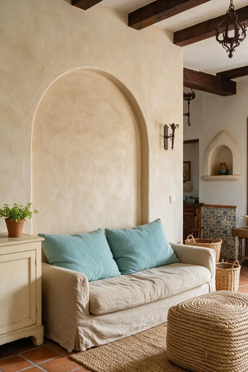 A cozy Mediterranean-style living room with a plastered cream wall, a large arched niche, and dark wood ceiling beams. A beige slipcovered sofa with two blue-green pillows sits beside a cream cabinet, with woven baskets, a rope-textured ottoman, terracotta tile flooring, and a small wall alcove in the background.