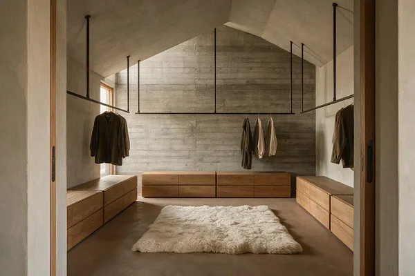 A minimalist walk-in closet with exposed concrete walls and ceiling, suspended black metal clothing rails, and low built-in wooden drawers along both sides and the back wall. A soft white shag rug sits centered on the floor, contrasting with the room’s raw, sculptural Brutalist surfaces.