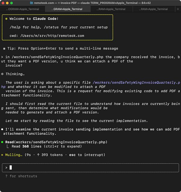 The image displays a terminal interface showing a conversation with an AI assistant named Claude regarding modifying a PHP file to include PDF invoice functionality.
