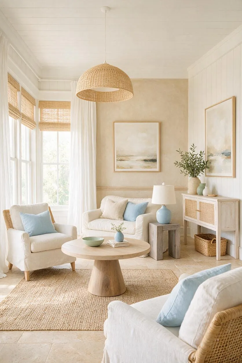 A bright coastal-style front porch with white upholstered chairs, pale blue pillows, a round wood coffee table, and a woven pendant light. Large windows with bamboo shades, sheer curtains, and woven and wood accents create a relaxed, airy atmosphere.