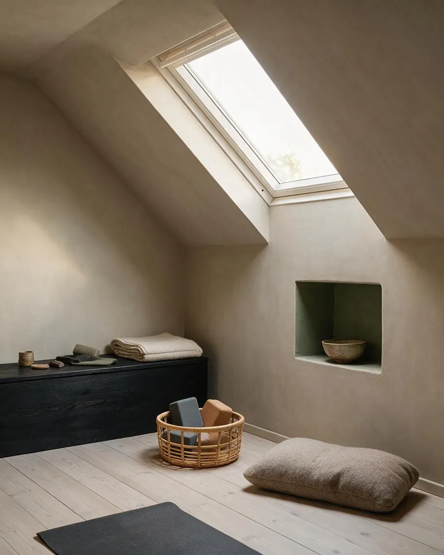 A minimalist home gym with sloped ceilings, a large skylight, and soft beige plaster walls. The room includes a low black storage bench, woven basket with yoga props, folded blankets, a floor cushion, and a dark exercise mat on light wood flooring.