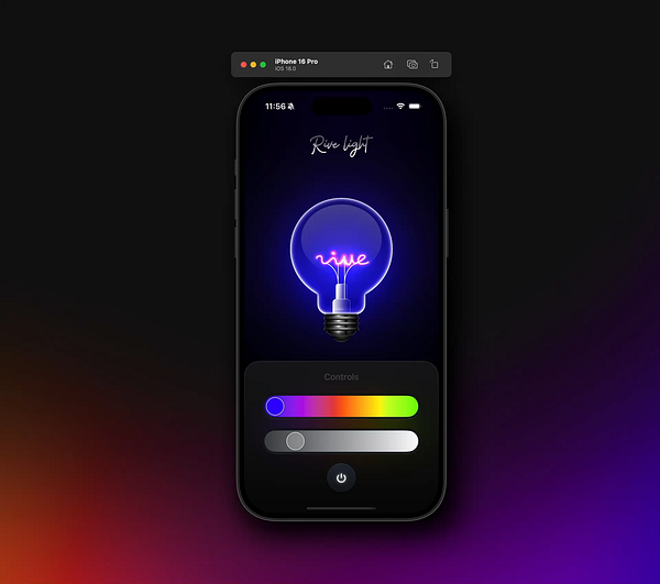 A smartphone screen displays a vibrant Rive Light app interface featuring a glowing light bulb and color controls.