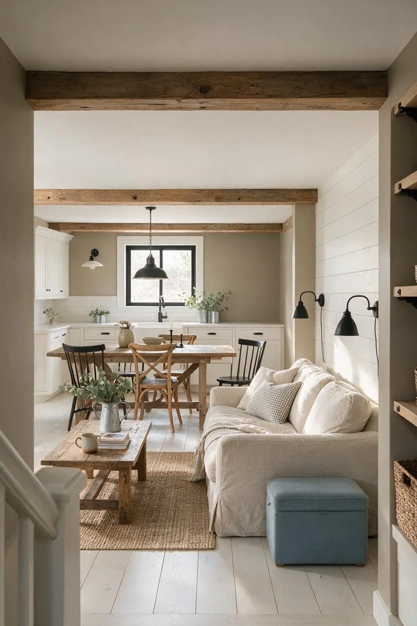 A warm farmhouse-style basement living area and kitchen with exposed wood ceiling beams, white painted plank walls, and a soft neutral palette. The space includes a beige slipcovered sofa, rustic wood coffee table and dining table, black pendant and wall sconces, white cabinetry, and pale plank flooring.