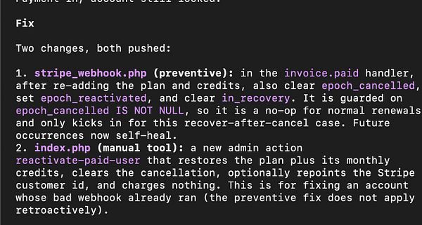 Screenshot of a code editor displaying TypeScript webhook handler code for Stripe with an added edge case fix.