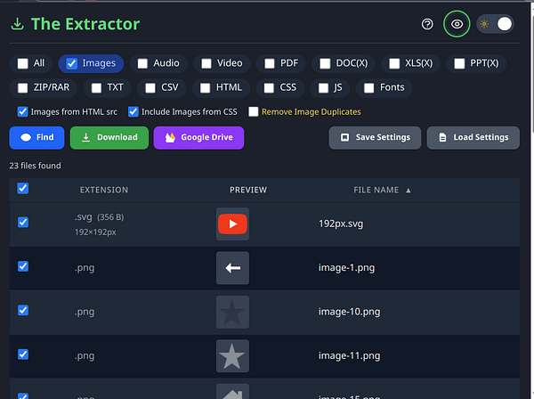 The interface of a file extraction tool displaying image files and their details.