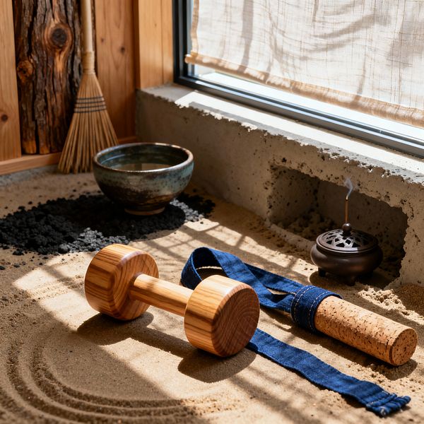 A sunlit corner of a Japanese-inspired home gym features a raked sand floor with a striped wooden dumbbell at center. An indigo cotton strap and a cork massage roller rest nearby, while smoke rises from a small ceramic incense burner set on a rough concrete sill beneath a window with a gauzy linen shade. A stoneware water bowl, a straw broom, and a cluster of black lava rocks sit against warm vertical wood panels, creating a calm, tactile setting.