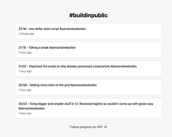 A list of recent tasks related to personal websites, displayed in a clean interface.