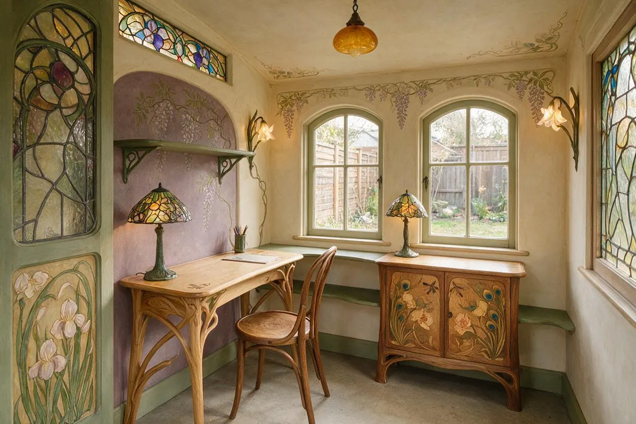 A small Art Nouveau backyard room with hand-painted floral cabinetry, curved wooden desk and chair, and stained-glass windows. Soft cream walls, mauve alcove accents, and botanical wall motifs create a delicate, garden-inspired atmosphere filled with natural light.