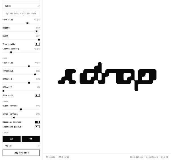 Interface of a pixel logo and vector generation tool with adjustable typography and grid settings, displaying the word 'adrop' in a pixelated style.
