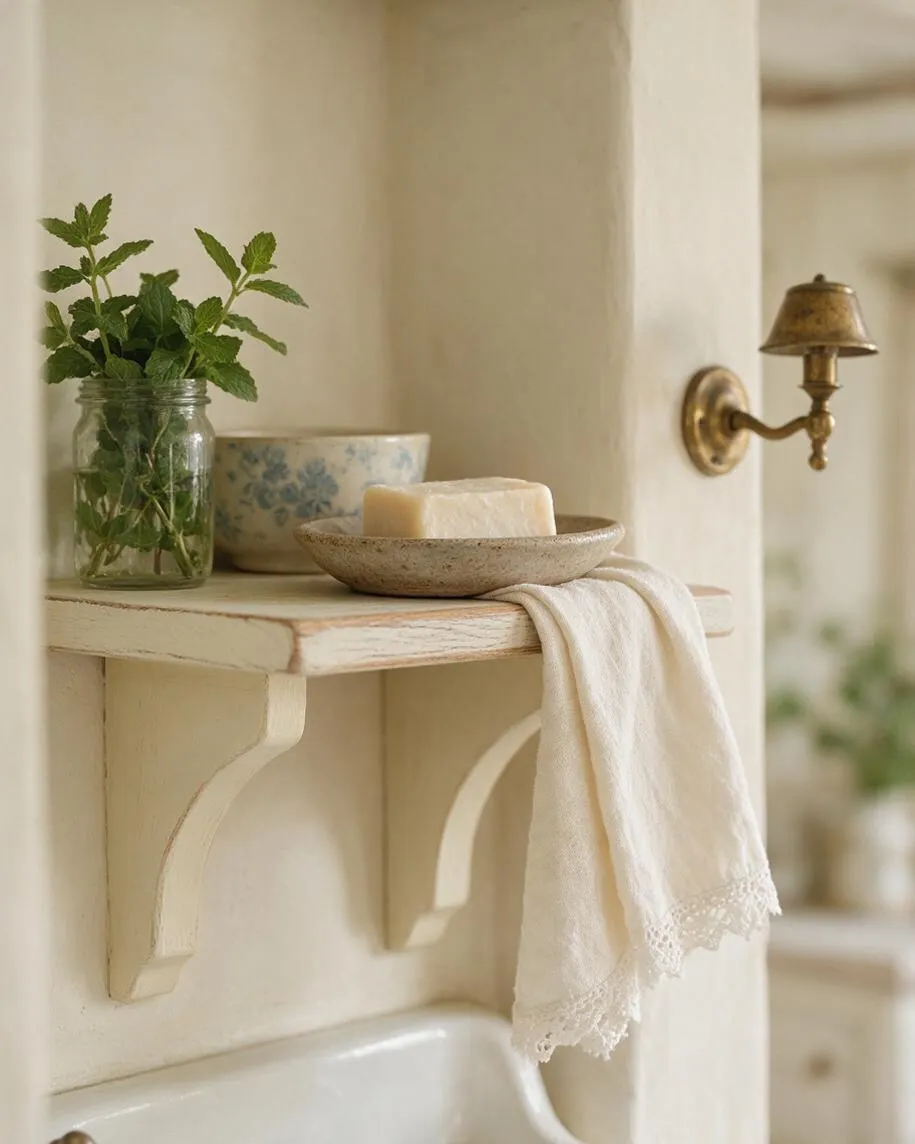 A small cottagecore shelf above a sink holds a glass jar of fresh green herbs, a blue-and-white bowl, and a shallow stone dish with a bar of soap. A creamy linen towel with lace edging drapes over the shelf, while a brass wall sconce and warm off-white plaster walls add a cozy, vintage feel.