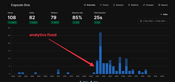 The image displays an analytics dashboard for 'Capsule One' showing website traffic data.