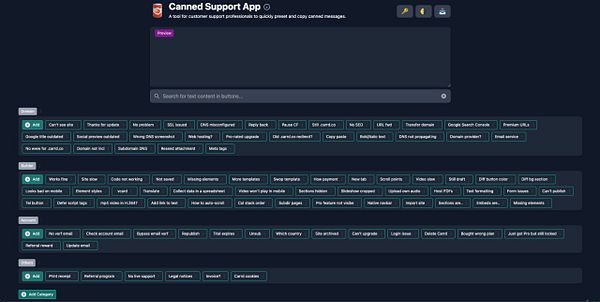 The image displays a user interface for the Canned Support App, showcasing various preset messages for customer support tasks.