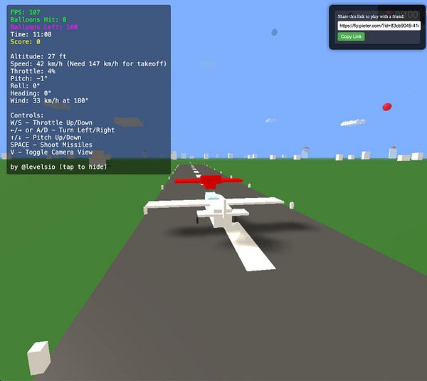 A 3D pixelated flight simulation interface displaying an aircraft on a runway with gameplay statistics and controls.