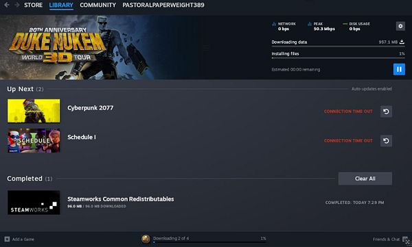 The image displays a Steam library interface showing download issues and game management.