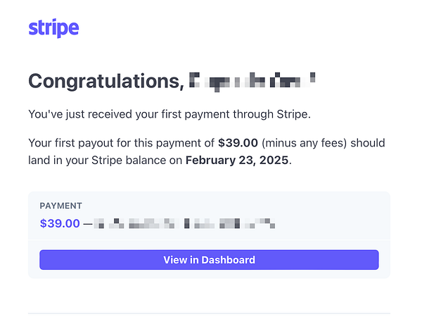 A notification from Stripe confirming the receipt of a payment.