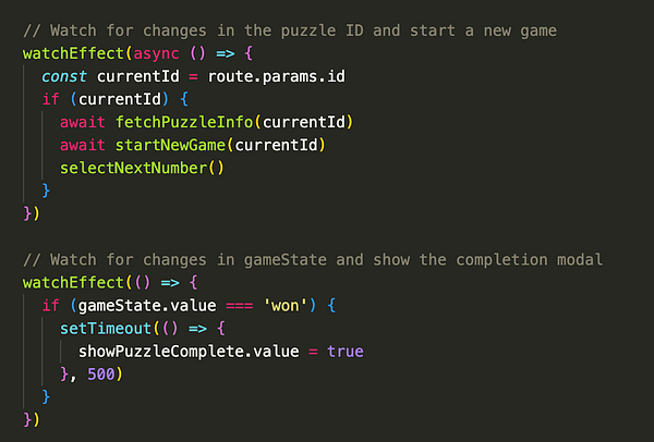 The image displays a code snippet implementing watchEffect functions in a JavaScript context.