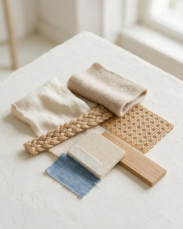 A curated arrangement of coastal-inspired material samples sits on a textured white surface. The display includes folded off-white and beige fabrics, a braided jute-like trim, woven natural fiber swatches, a pale wood piece, a small stone tile, and a faded blue fabric accent in soft daylight.