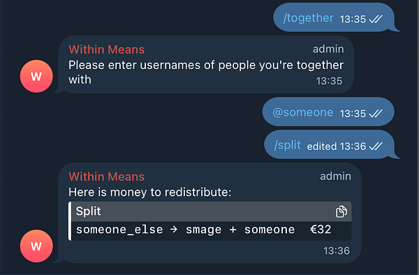 A chat interface displaying a command for splitting expenses among users.
