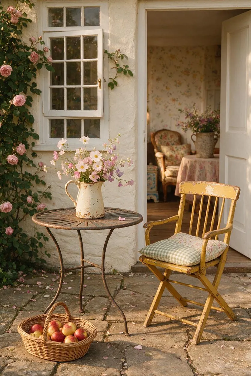 A charming cottage patio with a white stucco wall, climbing pink roses, a small paned window, and an open door leading into a floral interior. In the foreground are a rustic metal table with a cream pitcher of wildflowers, a worn yellow wooden chair with cushions, and a wicker basket of apples on stone paving.