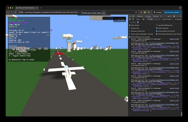 A flight simulator interface displaying gameplay statistics and console logs.