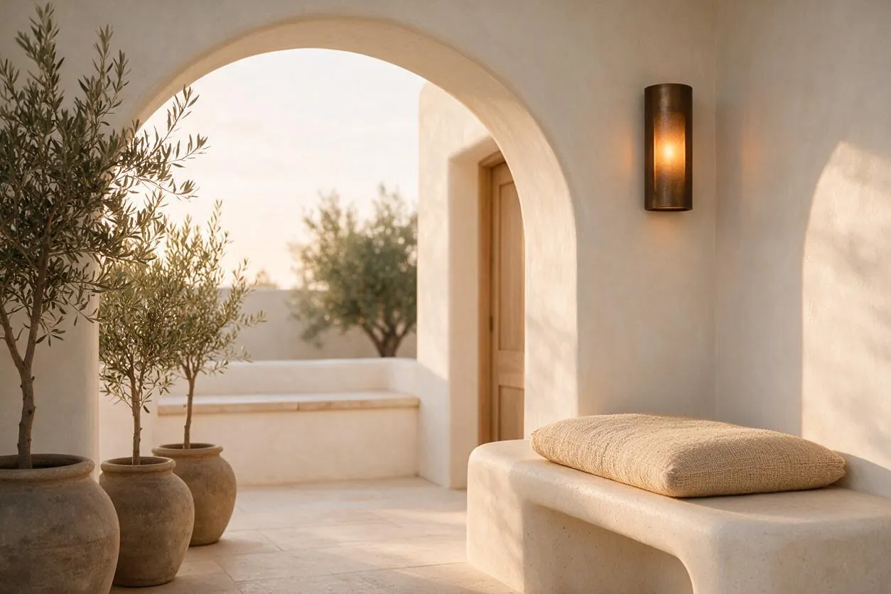 A serene outdoor entryway with smooth white stucco walls, a large arched opening, and a warm wood door. Terracotta-toned potted olive trees line the left side, while a built-in plaster bench with a textured beige cushion sits under a wall sconce on the right.