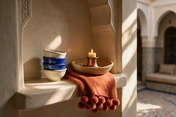 A recessed Moroccan-style wall niche holds stacked cream and cobalt-blue ceramic bowls, a woven basket with a lit candle in a copper holder, and a rust-colored throw with pom-pom fringe. Sunlight falls across the plaster alcove, with arched architecture and tiled seating softly visible in the background.