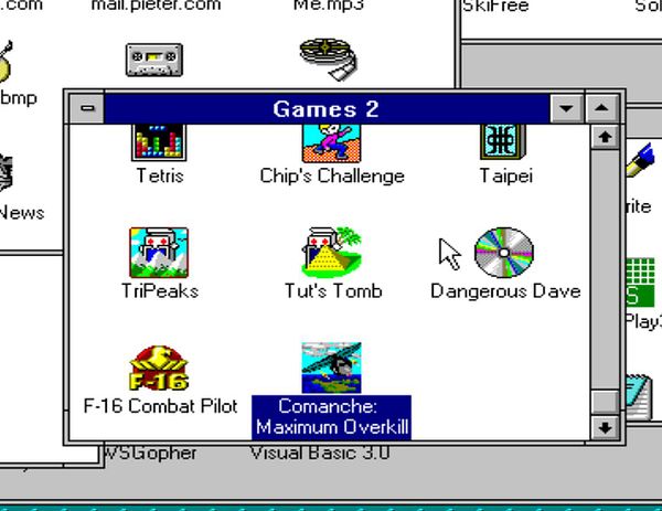 The image displays a retro computer interface featuring a game selection window.