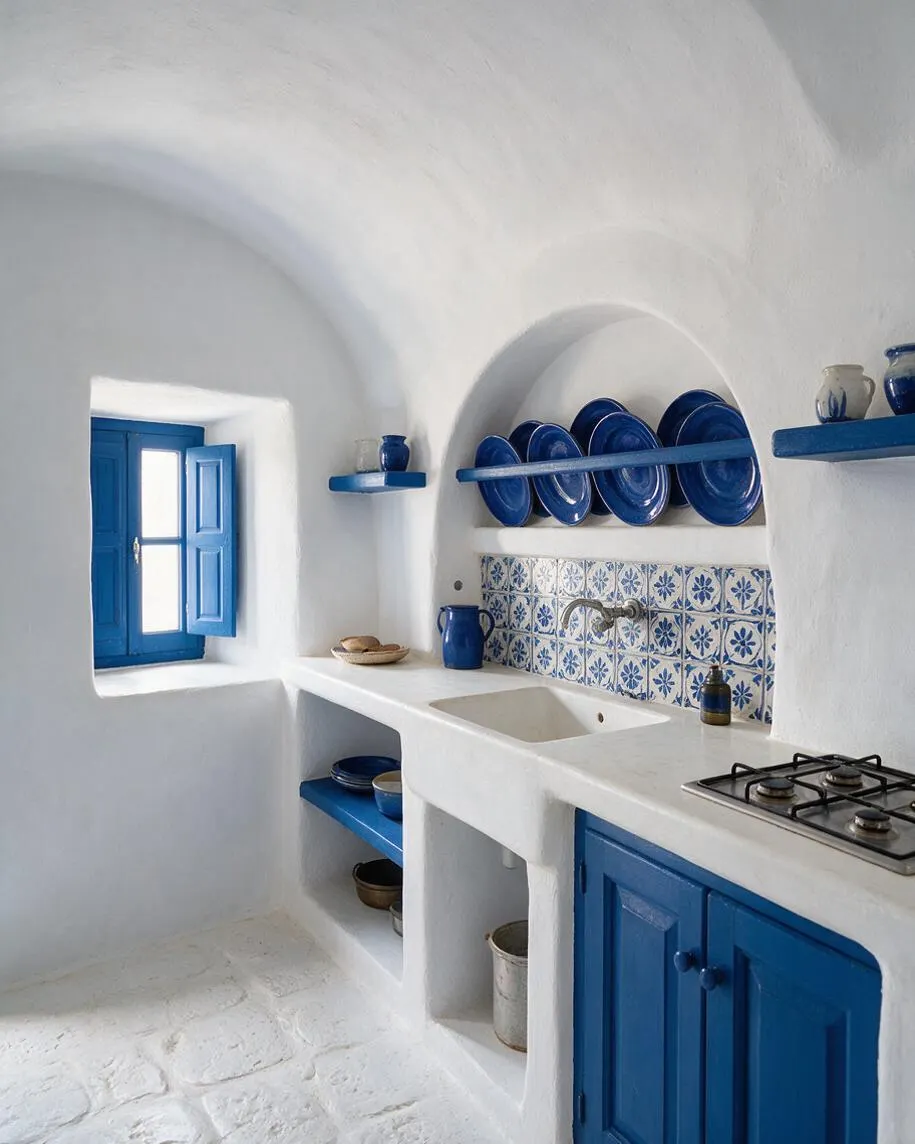 A compact Mediterranean kitchen with white plastered vaulted walls, cobalt blue cabinets and window shutters, and open blue shelves displaying plates and jars. A built-in white sink sits beneath blue-and-white patterned tile, with a small gas cooktop and rustic alcoves for storage.