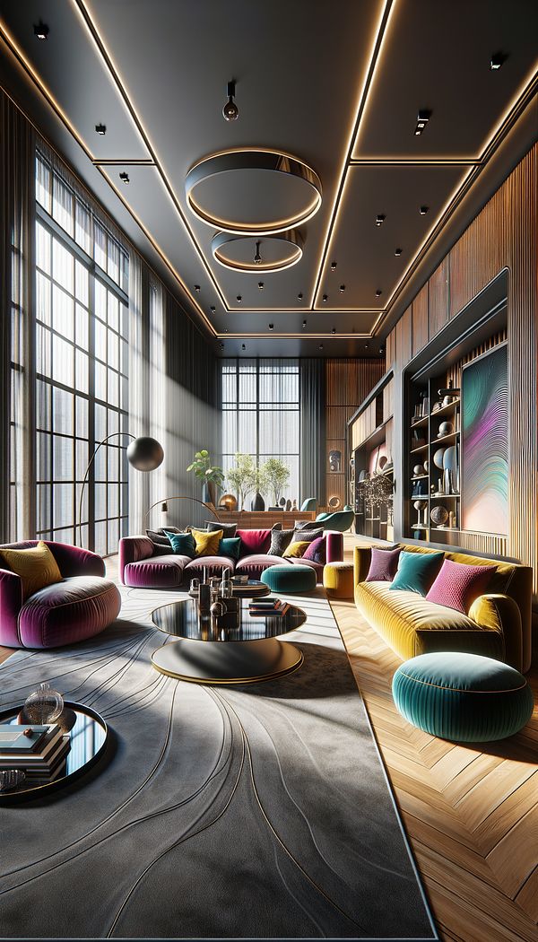 A photorealistic rendering of a modern living room with natural light streaming through large windows, showcasing detailed furniture textures, vibrant colors, and a cohesive interior design.