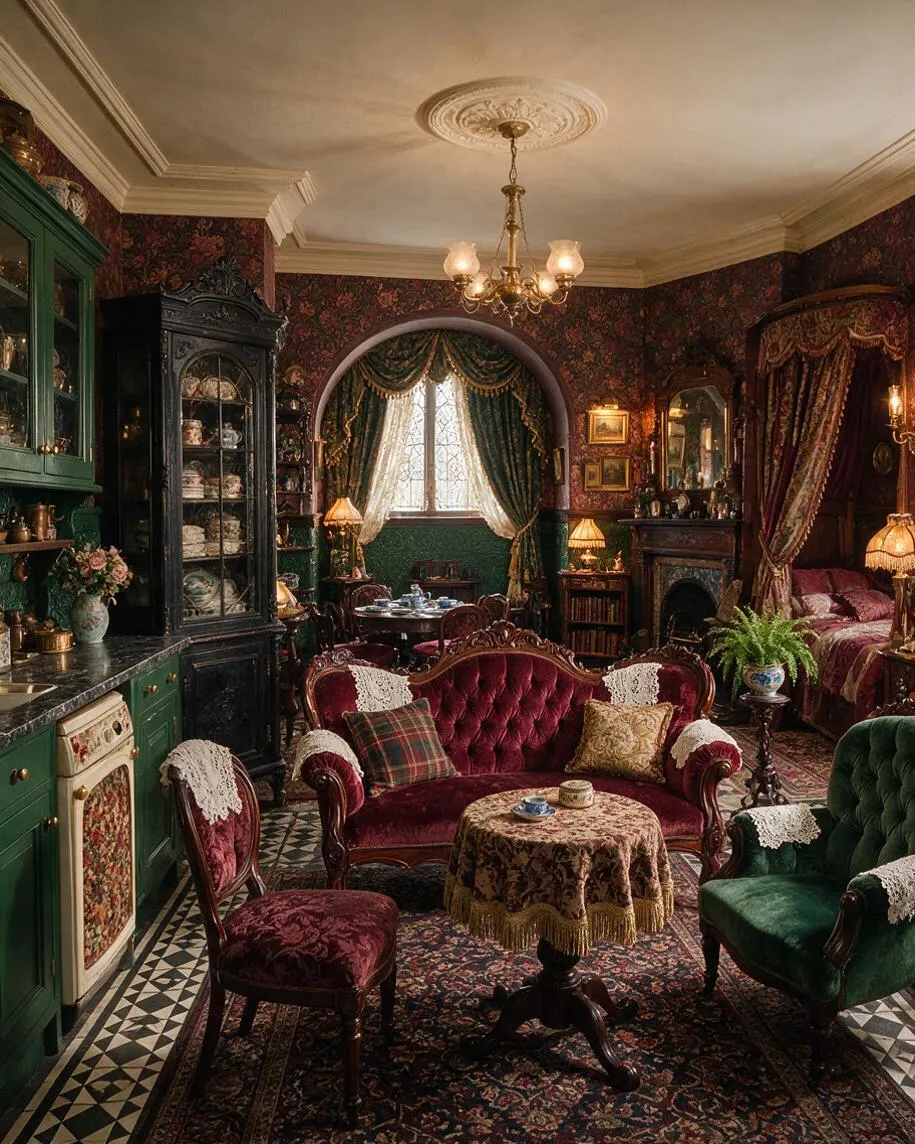 A richly decorated Victorian-style basement sitting room with deep floral wallpaper, ornate crown molding, and a brass chandelier. The space features burgundy and green velvet seating, a carved fireplace, patterned rugs, draped windows, and dark wood cabinetry.