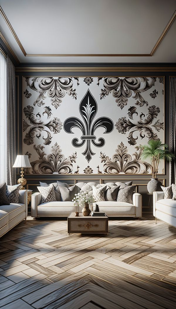An elegant living room with Fleur De Lis patterned wallpaper and accent pieces, showcasing the motif's integration into the decor.