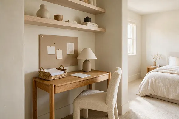 A compact home office nook with a light oak desk, woven tray, cushioned neutral chair, and a cork bulletin board beneath floating wood shelves. The adjacent bedroom is softly visible, with white bedding and warm daylight filling the serene beige-toned space.