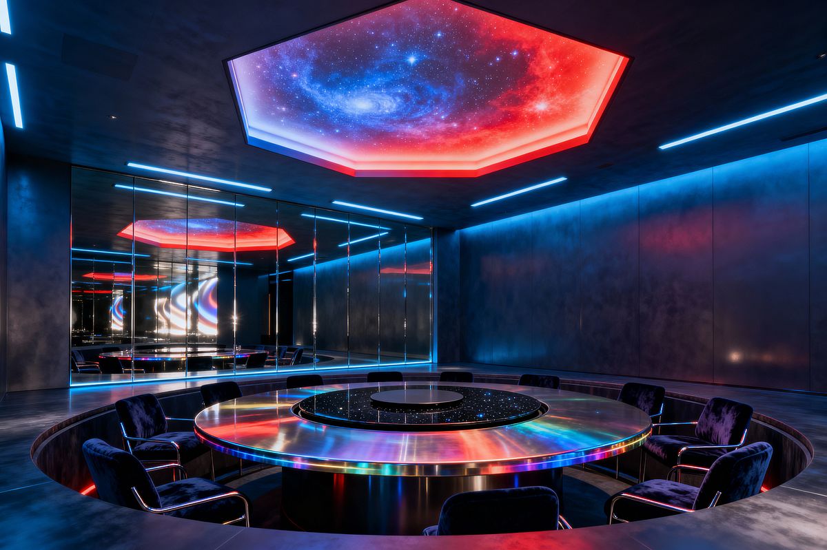 Room AI – Neon Galaxy Dining with Iridescent Steel Table - Interior