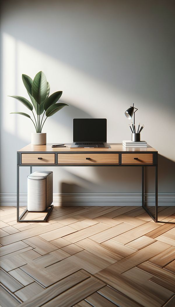 A sleek, modern writing desk made of wood and metal, featuring a few small drawers, a laptop, and a plant on top, placed in a well-lit, stylish home office environment.