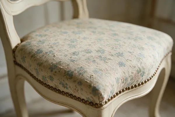 A close-up of a French Country dining chair with a distressed cream-painted wooden frame and a padded seat upholstered in faded floral linen. Small brass nailhead trim outlines the cushion, adding a refined vintage detail.