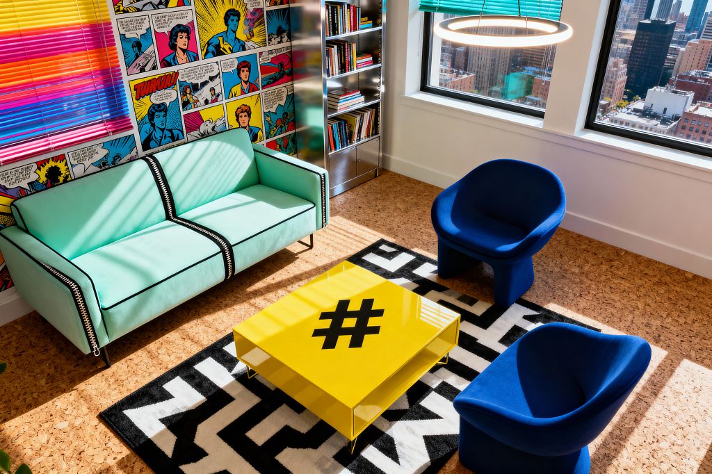 A vivid Pop Art living room features a mint sofa with black piping, two cobalt blue lounge chairs, and a glossy yellow square coffee table marked with a black hashtag on a black-and-white geometric rug. A comic-strip mural wall and stainless bookcase line one side; rainbow blinds and teal slats filter sun from large windows with city views, while cork flooring and a circular ring pendant complete the playful scene.