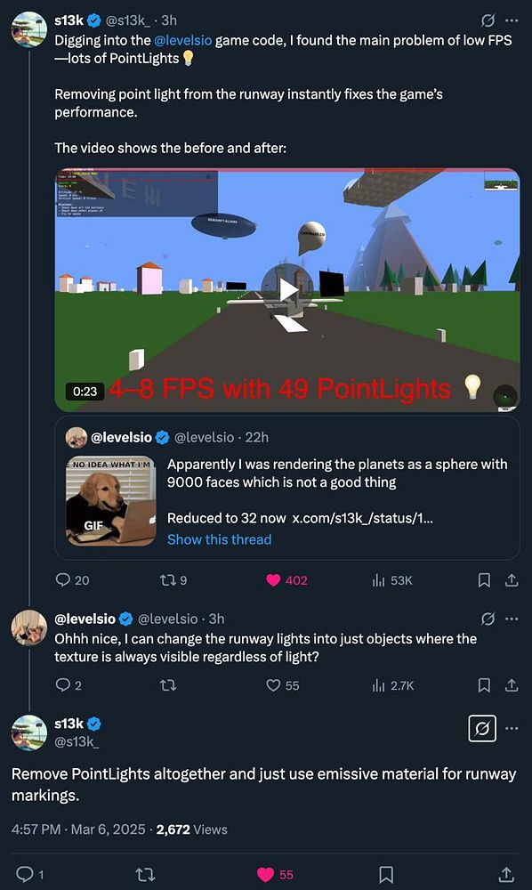 A Twitter conversation discussing performance issues in a game related to point lights and runway lighting.
