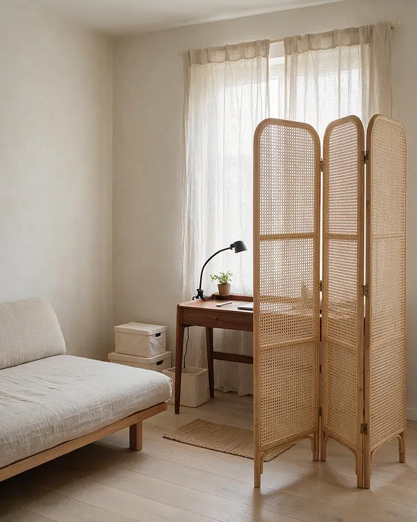 A calm Japandi-style home office with a simple wooden desk by a window dressed in sheer curtains. A three-panel rattan room divider stands in the foreground, with a light upholstered daybed on the left, soft neutral walls, and minimal decor including a desk lamp, small plant, and woven floor mat.