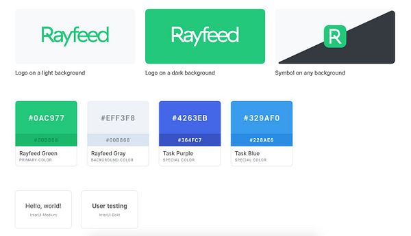 The image displays a branding kit for 'Rayfeed' featuring logos, color codes, and font styles.