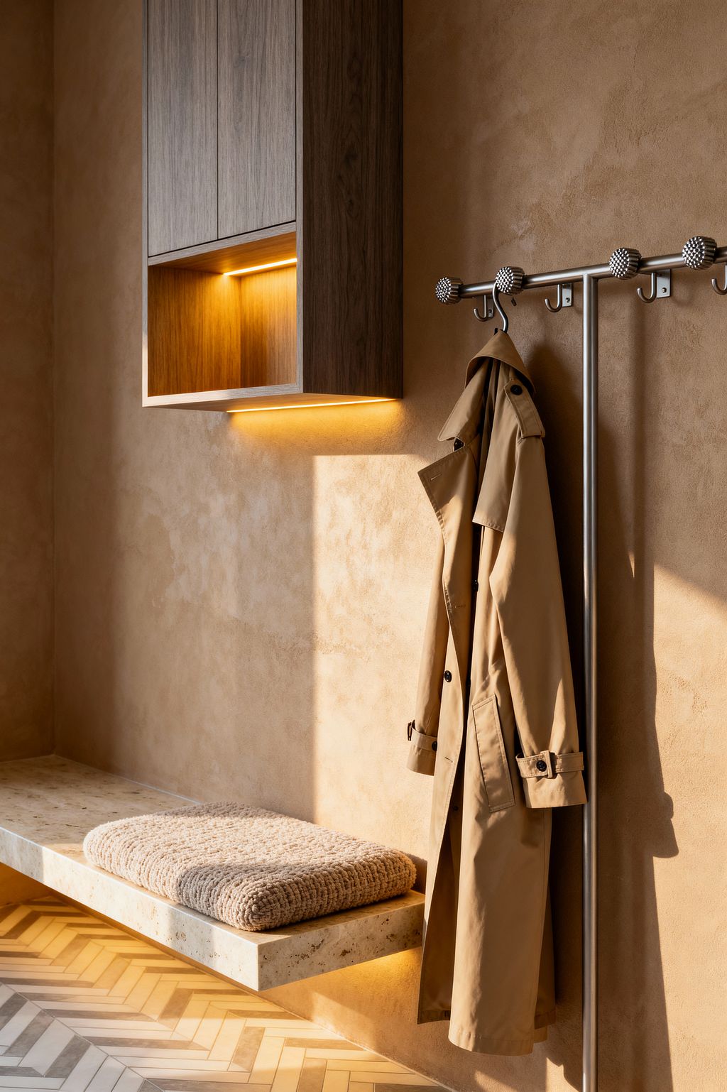 A contemporary mudroom with sand-colored plaster walls features a floating light beige travertine bench topped with a thick taupe knit cushion. Warm LED strips glow beneath the bench and under a dark walnut wall cabinet with an open cubby. To the right, a brushed stainless steel coat rack with spherical textured knobs holds a camel trench coat. The floor is laid in light neutral herringbone tiles, and sunlight casts soft shadows across the space.