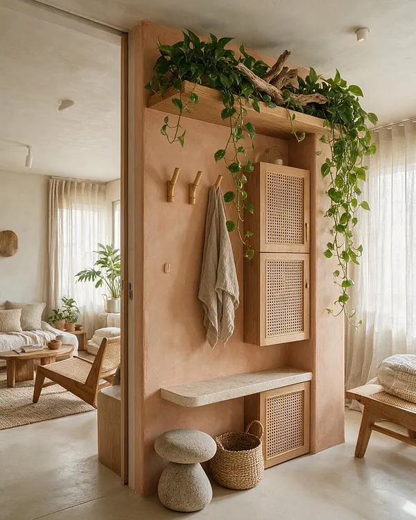 A cozy studio apartment corner with a peach-toned plaster wall, a built-in wooden storage cabinet, and a shelf overflowing with trailing green plants and driftwood. Natural textures like cane, woven baskets, linen curtains, and light wood furniture create a calm biophilic atmosphere.