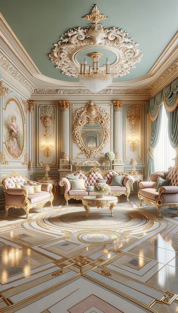 A luxurious Rococo-style living room with pastel walls adorned with gold gilded mirrors and ornamental panels, featuring curvilinear furniture upholstered in ornate fabrics.