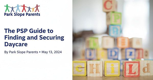 A colorful graphic featuring a guide to daycare with playful building blocks in the foreground.