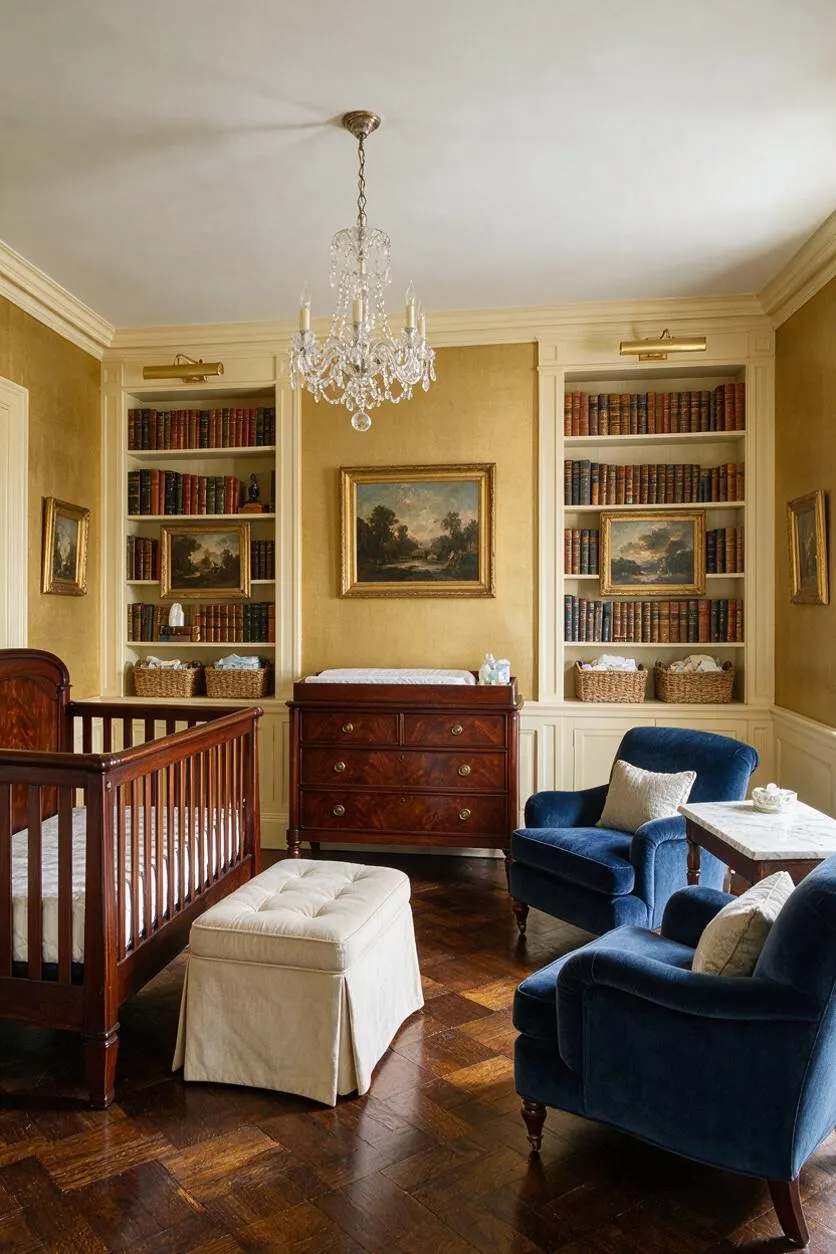 A traditional nursery with a dark wood crib, built-in bookshelves filled with old books, and a crystal chandelier hanging from the ceiling. Navy velvet armchairs, a tufted cream ottoman, framed landscape paintings, and gold walls create a formal, classic atmosphere.