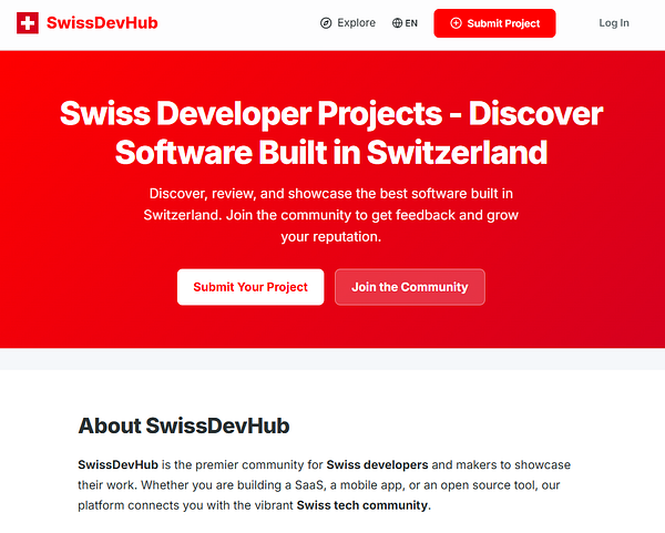 The image displays the homepage of SwissDevHub, a platform for showcasing software projects in Switzerland.