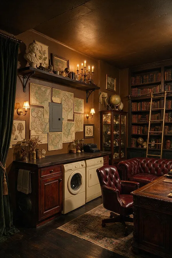 A dimly lit laundry room styled like a dark academia study, with a front-loading washer and dryer tucked beneath a dark wood countertop. The room includes brown walls, vintage maps, candle-style wall lights, a black shelf with decor, a glass display cabinet, built-in bookshelves, and burgundy leather seating.
